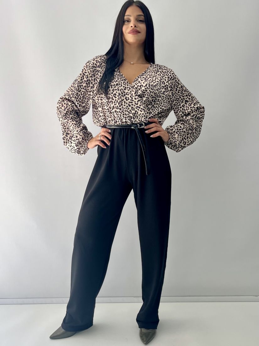 Φόρμα ολόσωμη animal print με μπούστο σατέν κρουαζε  μαύρο