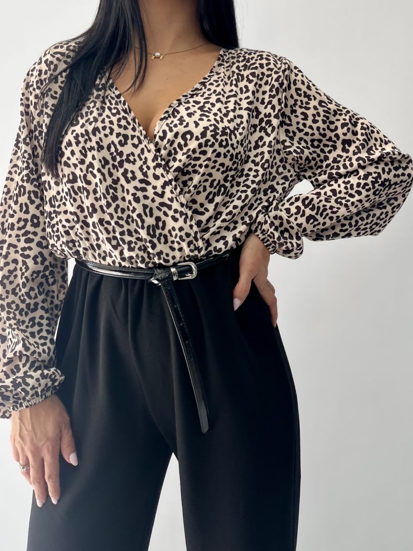 Φόρμα ολόσωμη animal print με μπούστο σατέν κρουαζε  μαύρο