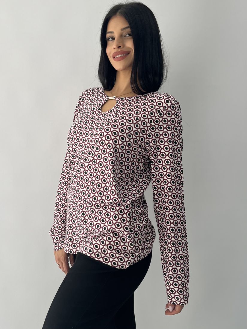 Μπλούζα εμπριμέ με λεπτομέρεια στο γιακά μπορντώ