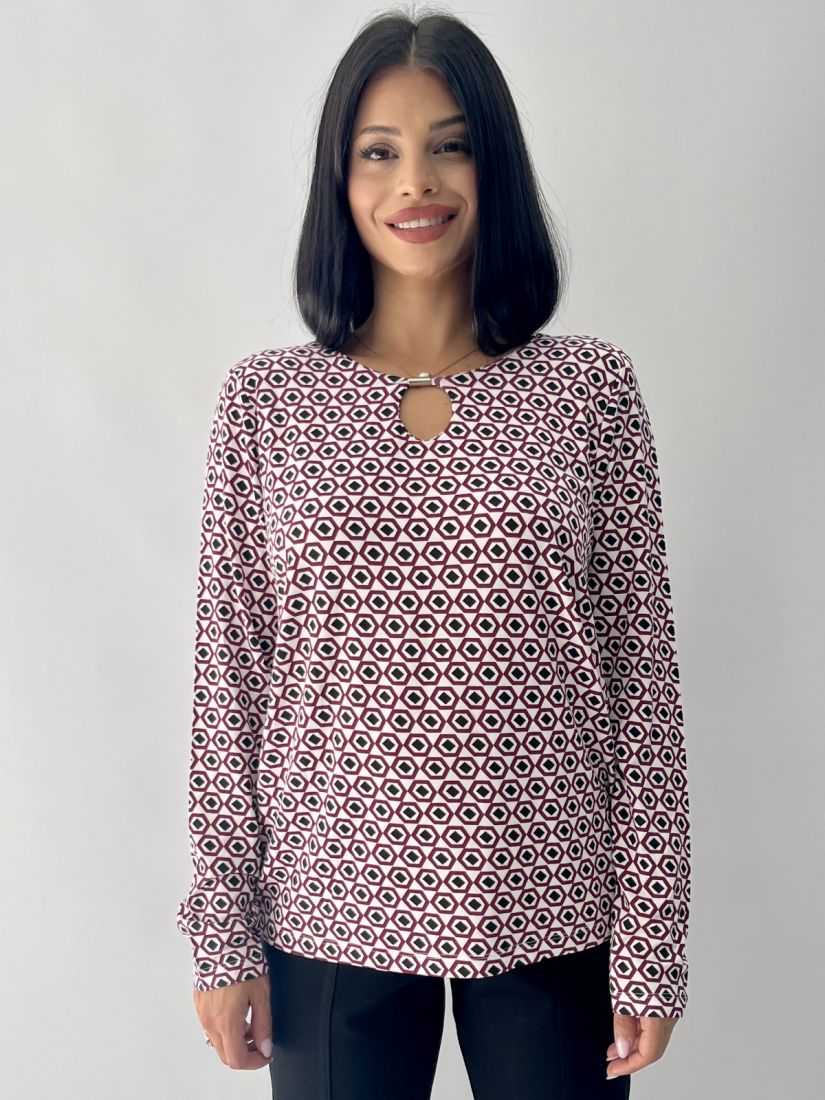 Μπλούζα εμπριμέ με λεπτομέρεια στο γιακά μπορντώ