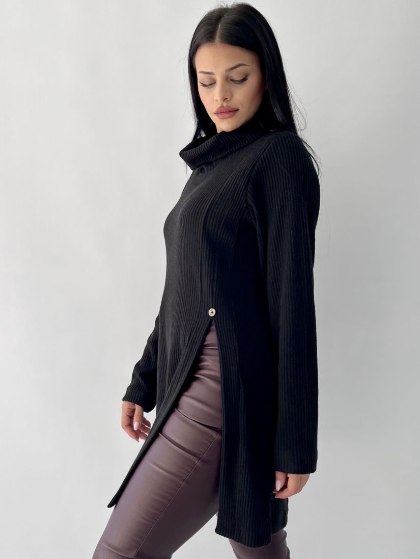 Μπλούζα πλεκτή με γιακά, κουμπί και άνοιγμα στο πλάι μαύρο