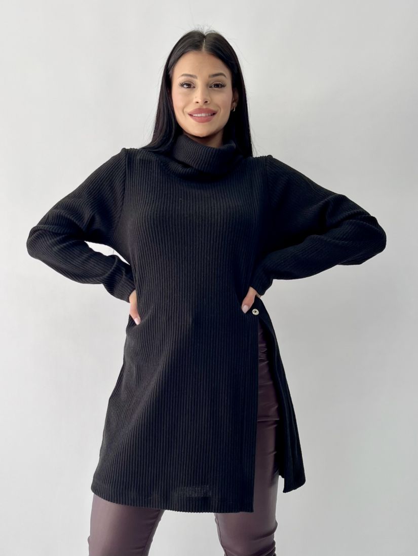 Μπλούζα πλεκτή με γιακά, κουμπί και άνοιγμα στο πλάι μαύρο