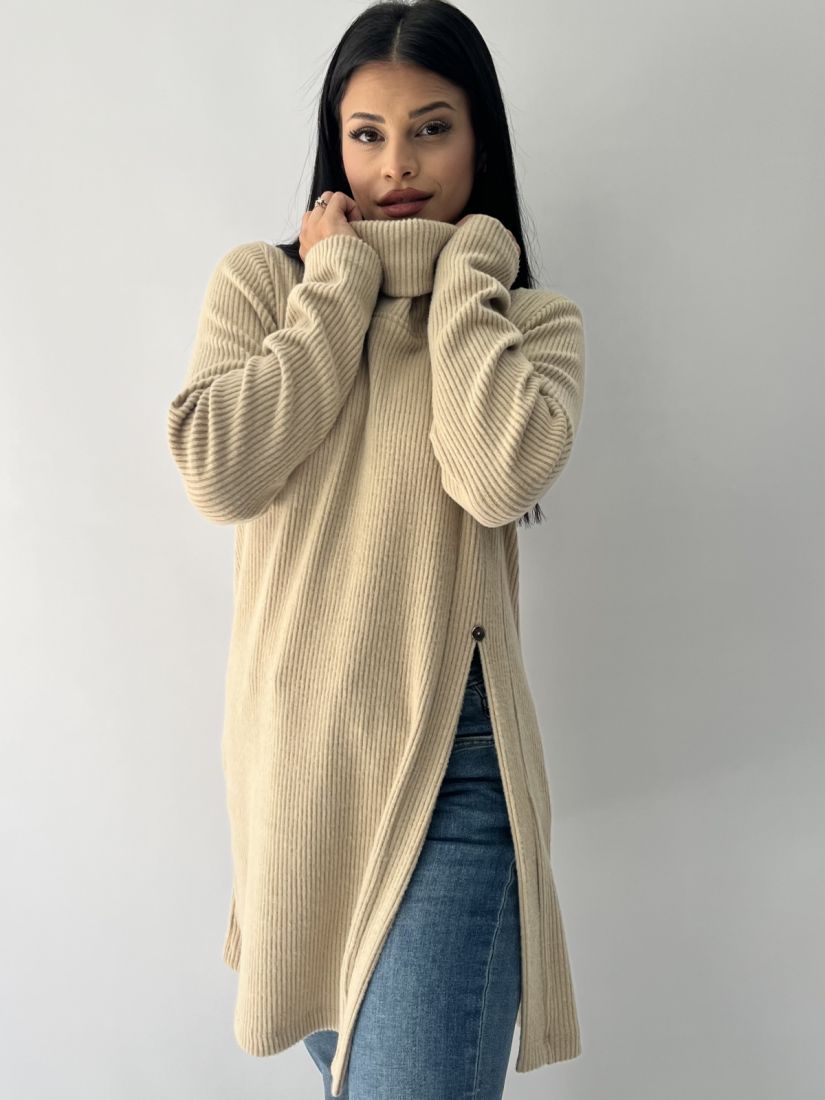 Μπλούζα πλεκτή με γιακά, κουμπί και άνοιγμα στο πλάι μπεζ