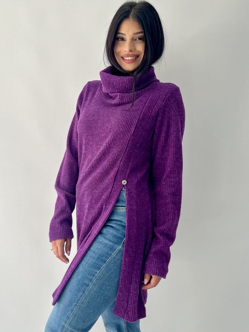 Μπλούζα πλεκτή με γιακά, κουμπί και άνοιγμα στο πλάι μωβ