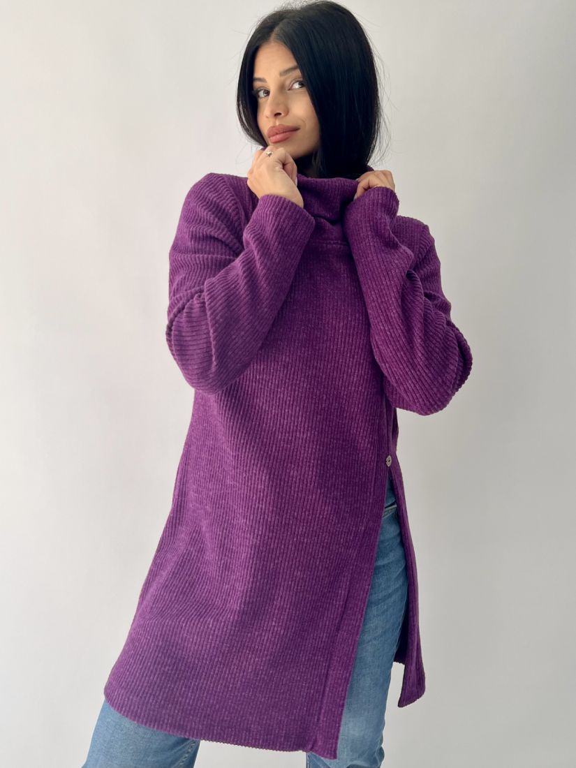 Μπλούζα πλεκτή με γιακά, κουμπί και άνοιγμα στο πλάι μωβ