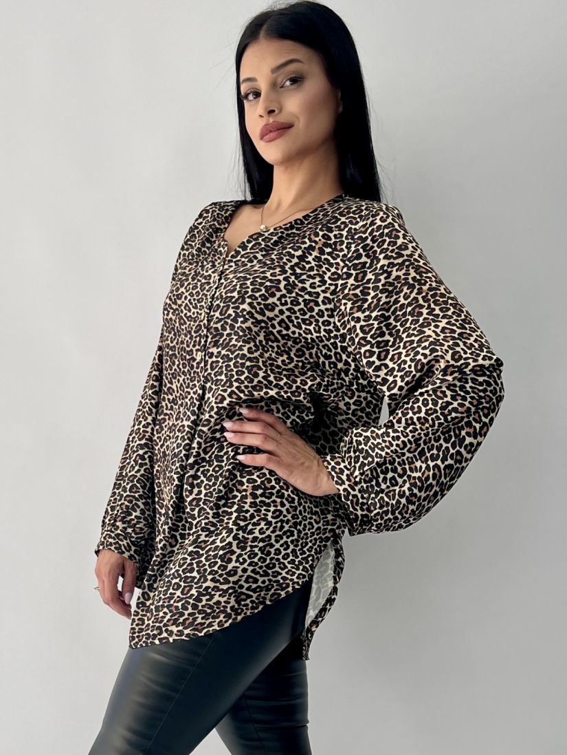 Πουκαμίσα σατέν animal print με χρυσά κουμπιά καφέ