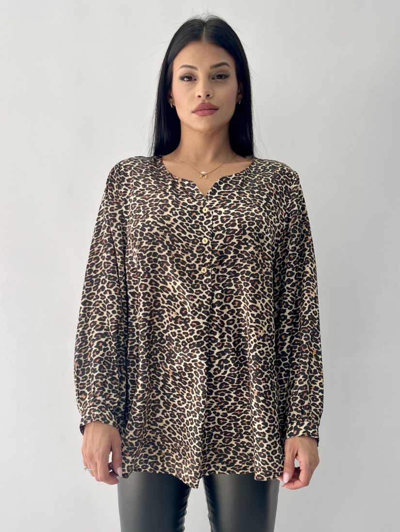 Πουκαμίσα σατέν animal print με χρυσά κουμπιά καφέ