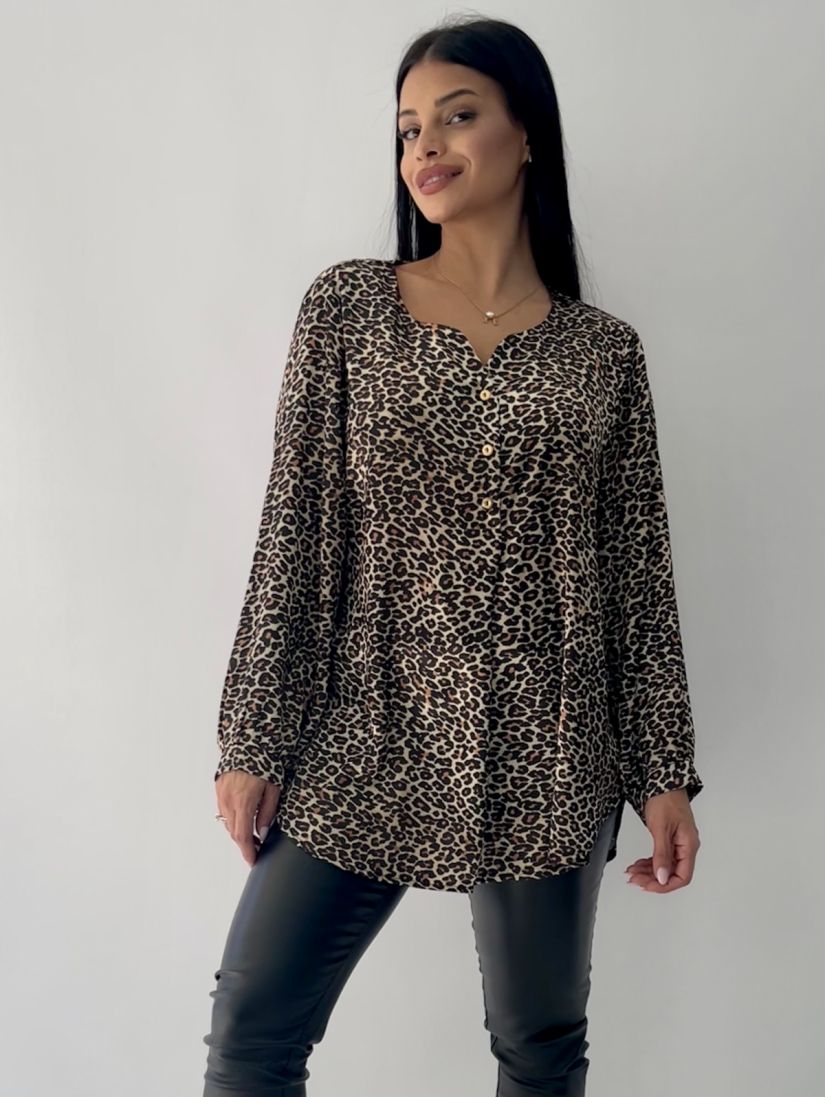 Πουκαμίσα σατέν animal print με χρυσά κουμπιά καφέ