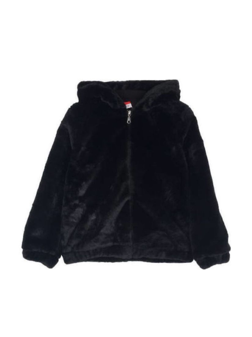 Γούνινο jacket μονόχρωμo με φερμουάρ και τσέπες μαύρο