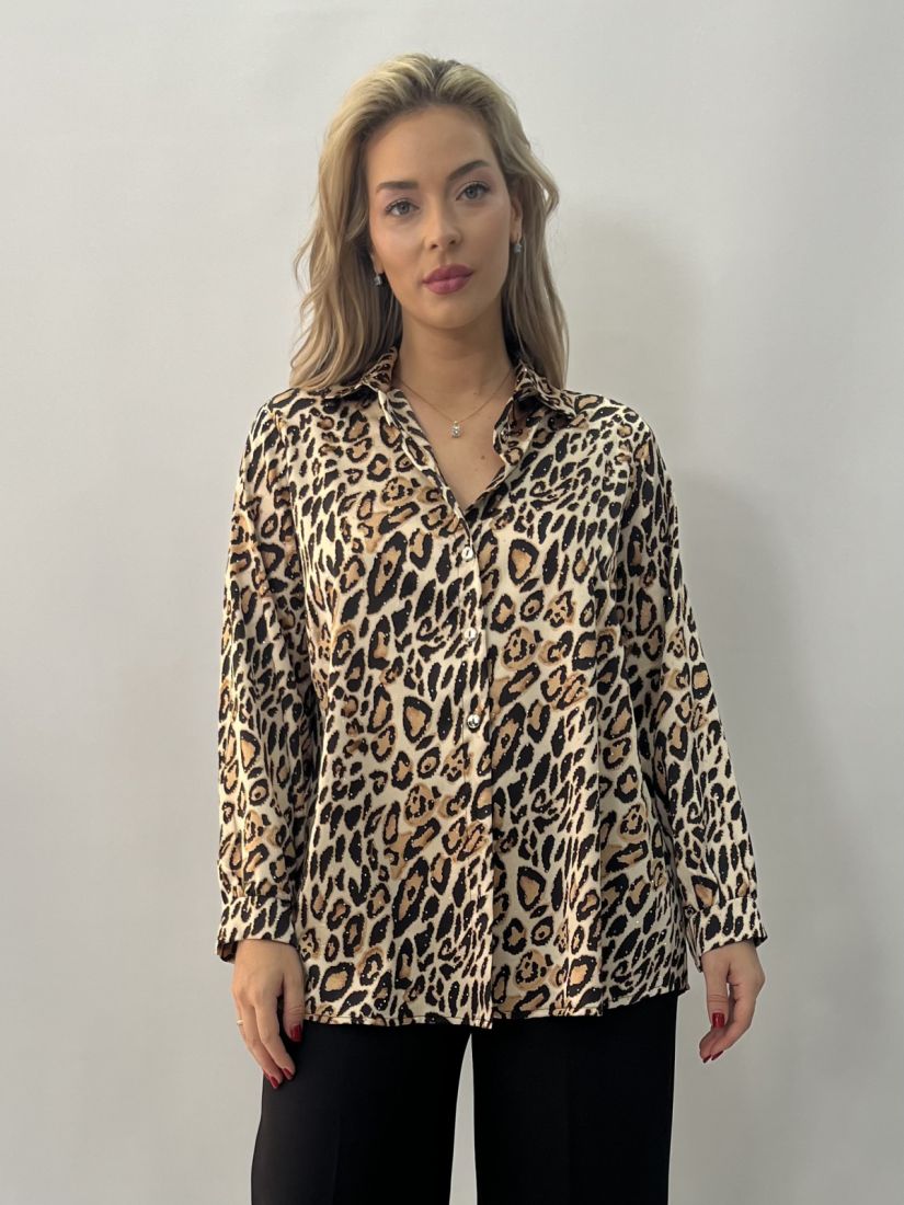 Πουκάμισο σατέν animal print με στρας καφέ