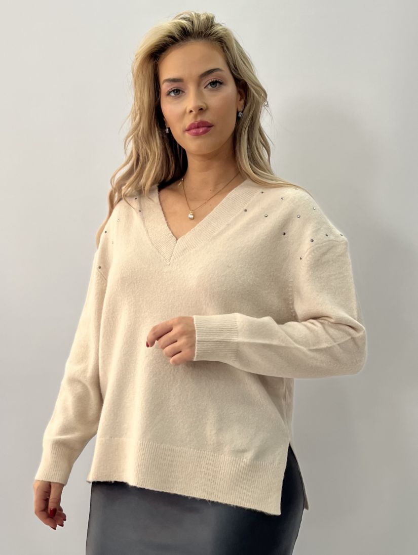 Μπλούζα μπλεχτή με V και στρας εκρού