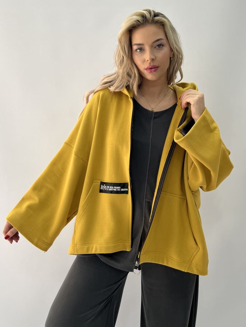 Ζακέτα φούτερ με κουκούλα και τσέπες μουσταρδί