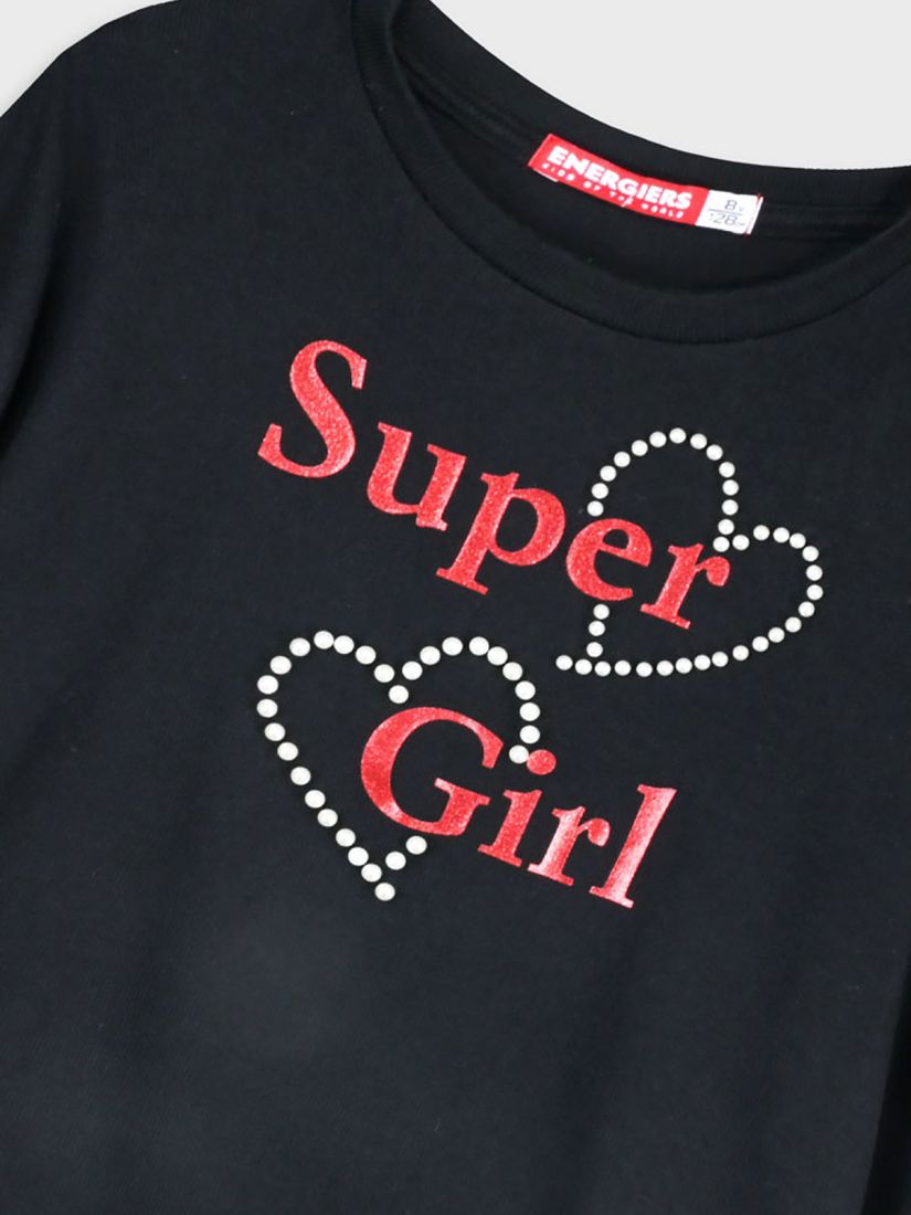 Μπλούζα με print Super Girl με καρδιές από πέρλες μαύρο
