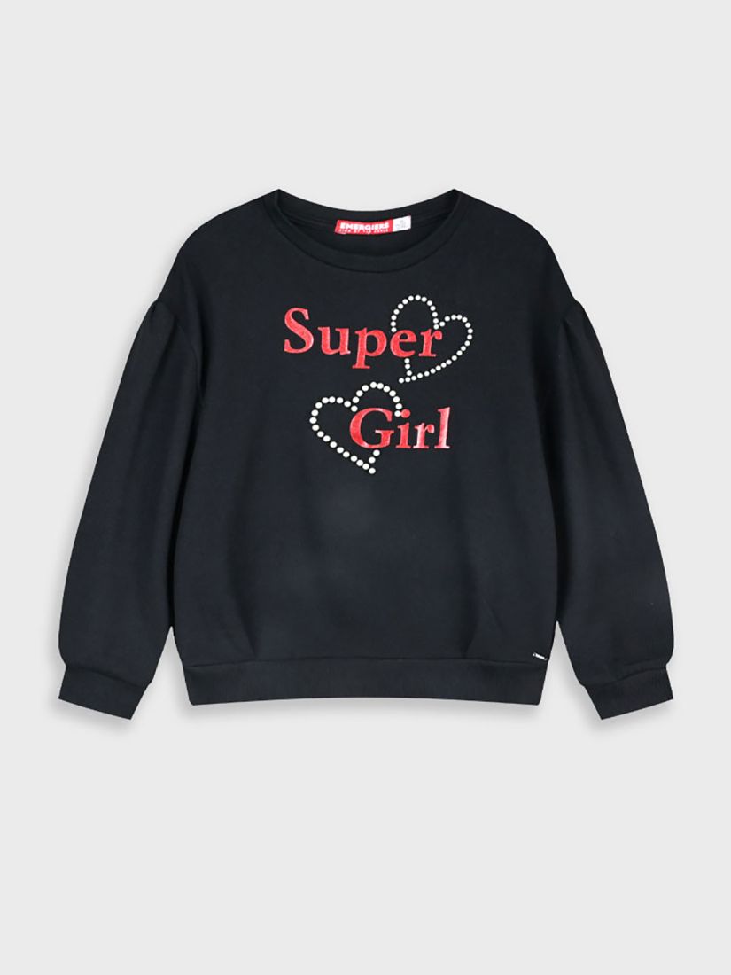 Μπλούζα με print Super Girl με καρδιές από πέρλες μαύρο
