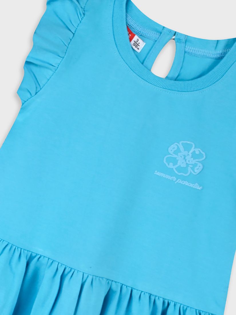 Φόρεμα μονόχρωμο με βολάν και print Summer paradise γαλάζιο