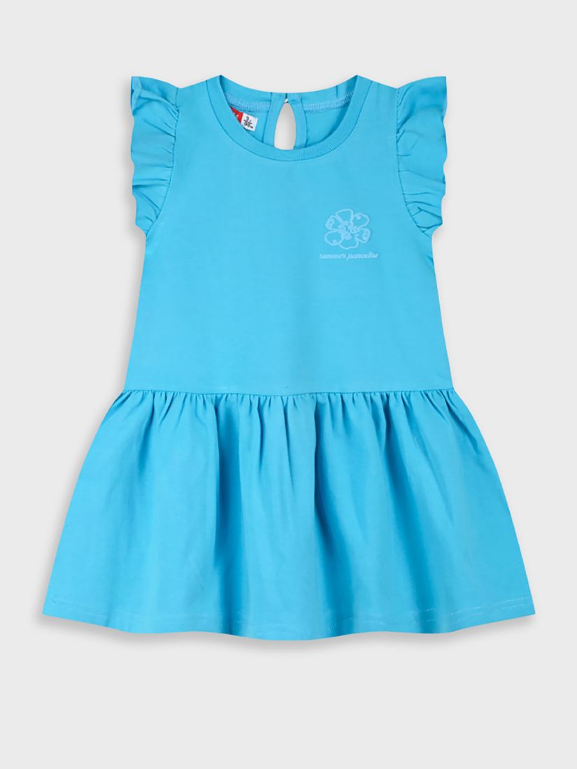 Φόρεμα μονόχρωμο με βολάν και print Summer paradise γαλάζιο