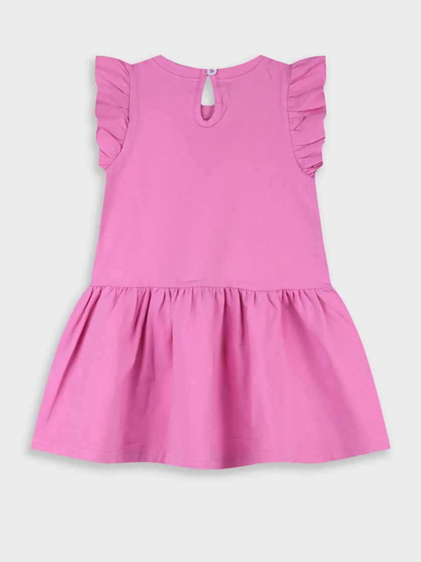 Φόρεμα μονόχρωμο με βολάν και print Summer paradise φούξια