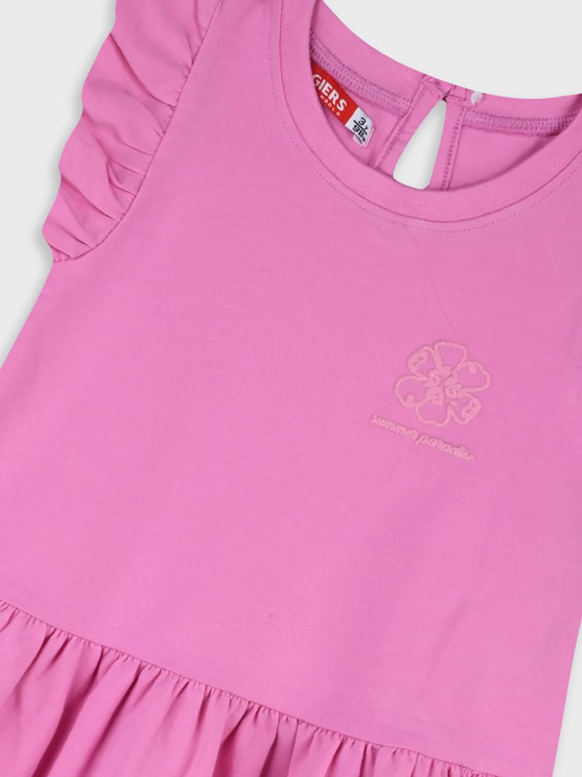 Φόρεμα μονόχρωμο με βολάν και print Summer paradise φούξια