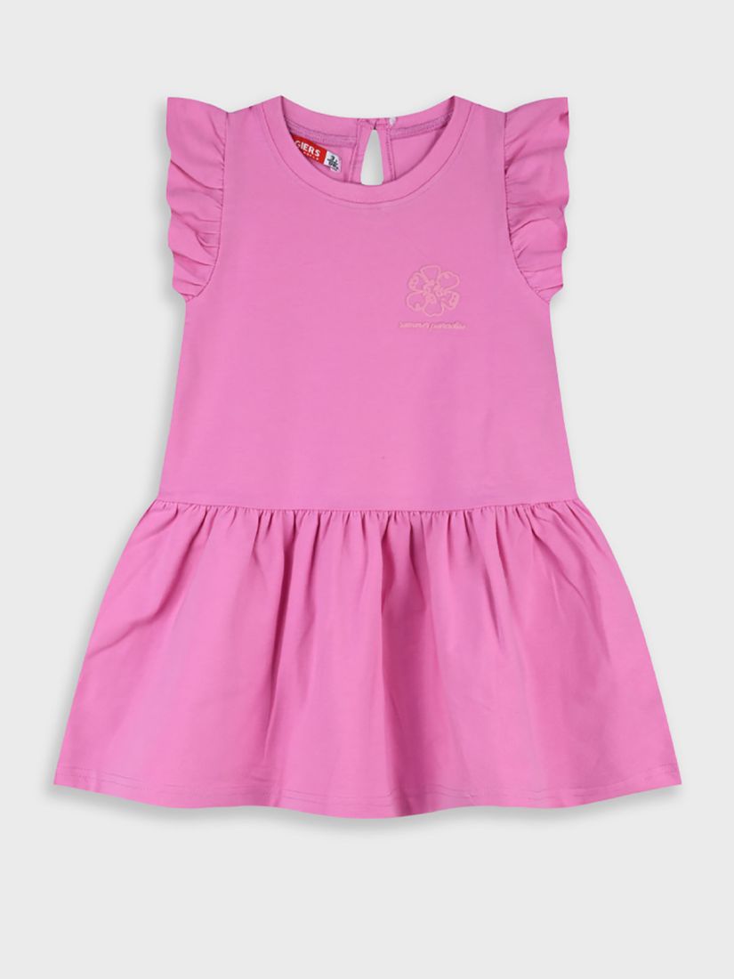 Φόρεμα μονόχρωμο με βολάν και print Summer paradise φούξια