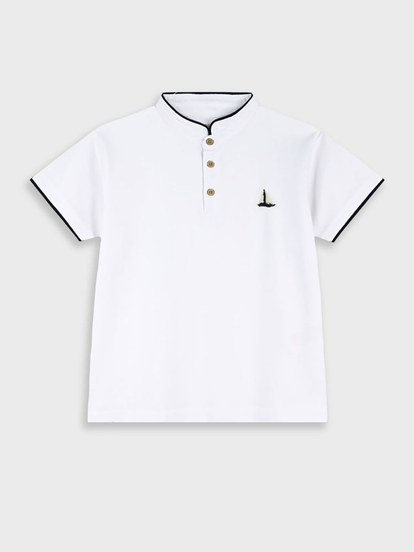 Μπλούζα τύπου Polo με μάο γιακά και κέντημα καράβι λευκό