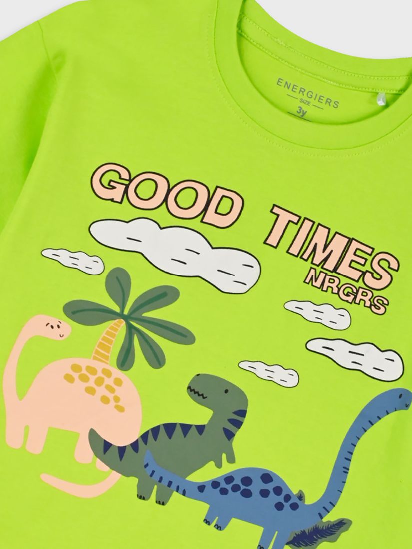 Μπλούζα κοντομάνικη ριγέ με print δεινόσαυροι λαχανί