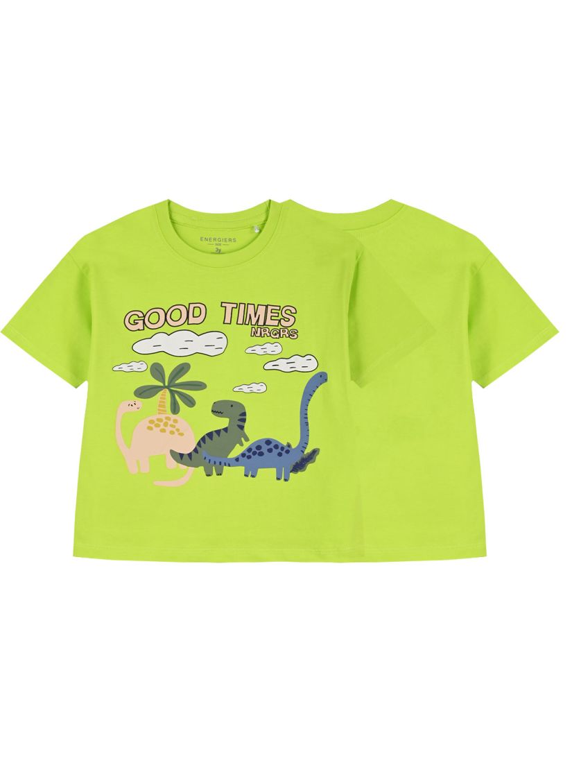 Μπλούζα κοντομάνικη ριγέ με print δεινόσαυροι λαχανί