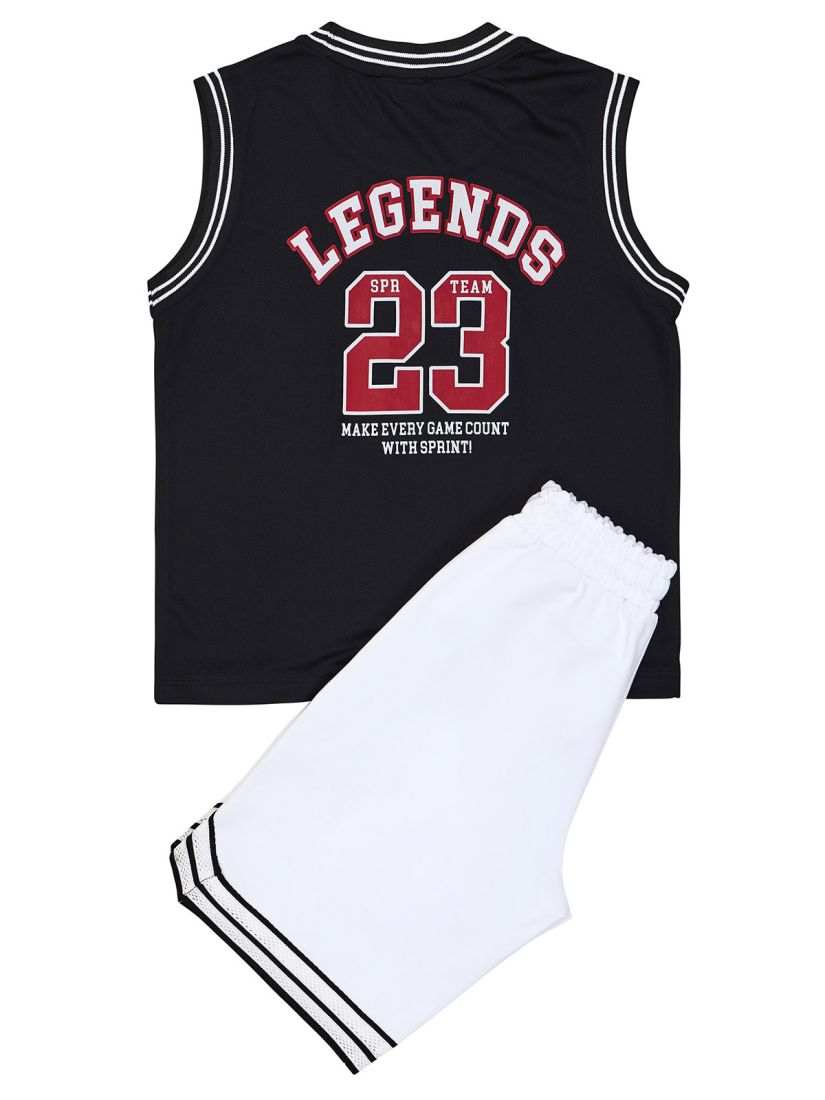 Σετ μπλούζα αμάνικη με print basketball και βερμούδα με λεπτομέρειες μαύρο