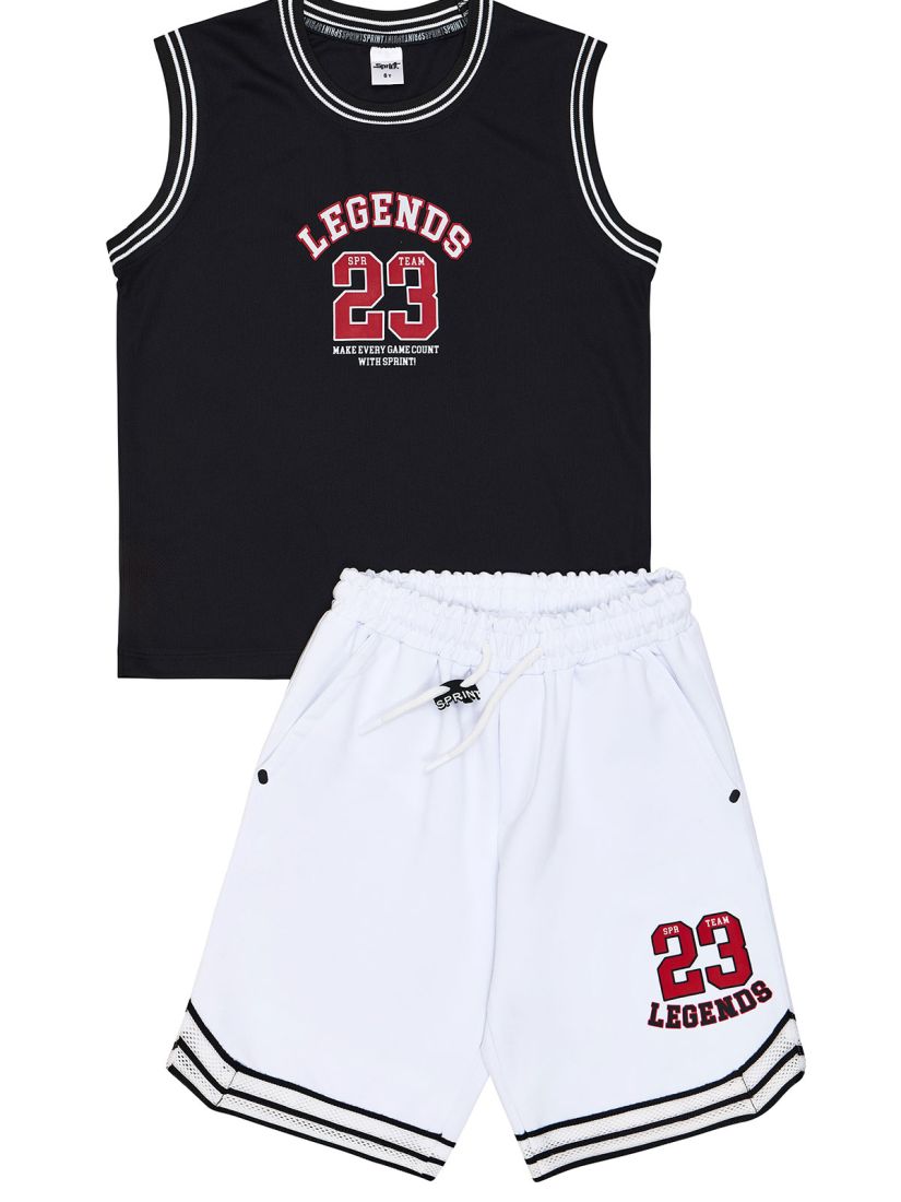 Σετ μπλούζα αμάνικη με print basketball και βερμούδα με λεπτομέρειες μαύρο