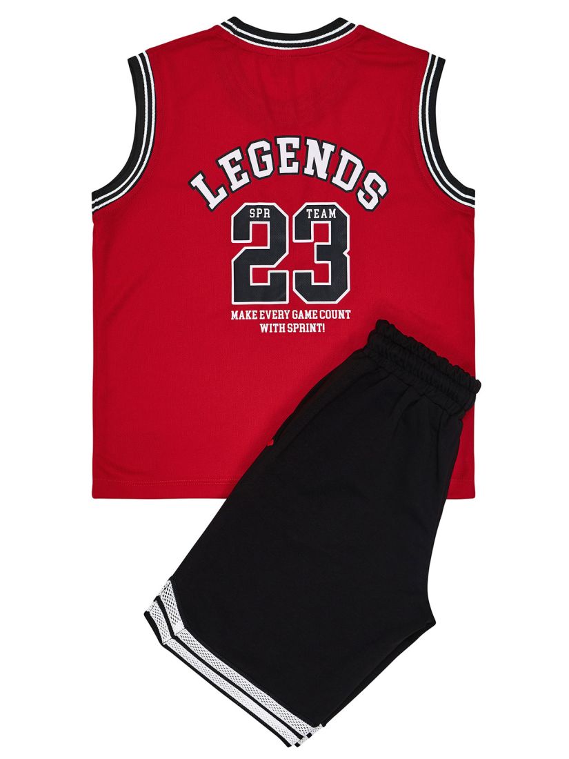 Σετ μπλούζα αμάνικη με print basketball και βερμούδα με λεπτομέρειες κόκκινο