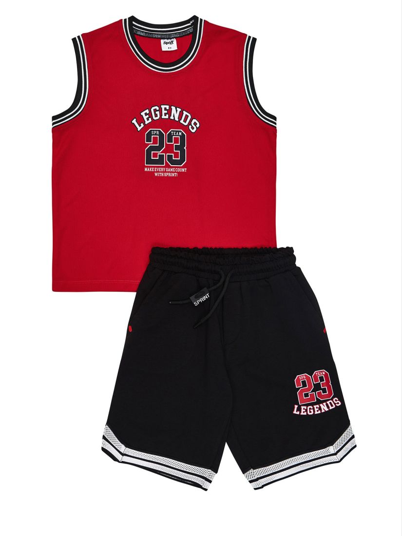 Σετ μπλούζα αμάνικη με print basketball και βερμούδα με λεπτομέρειες κόκκινο