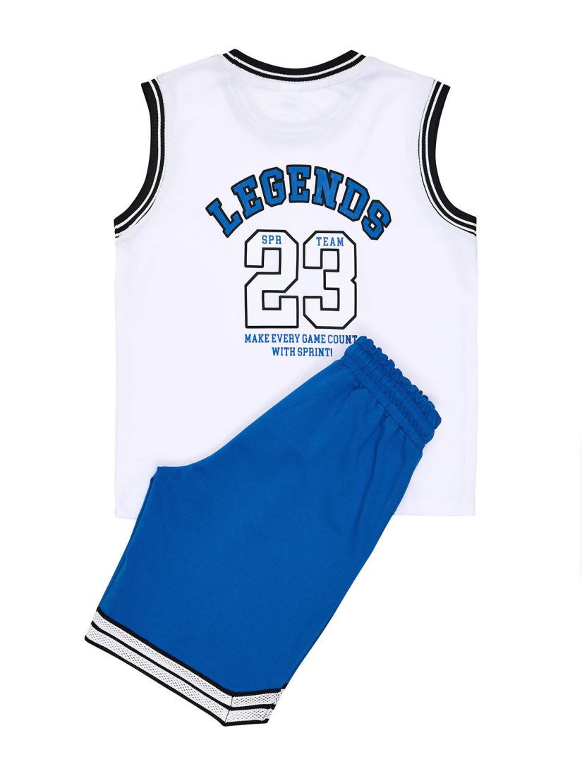 Σετ μπλούζα αμάνικη με print basketball και βερμούδα με λεπτομέρειες λευκό