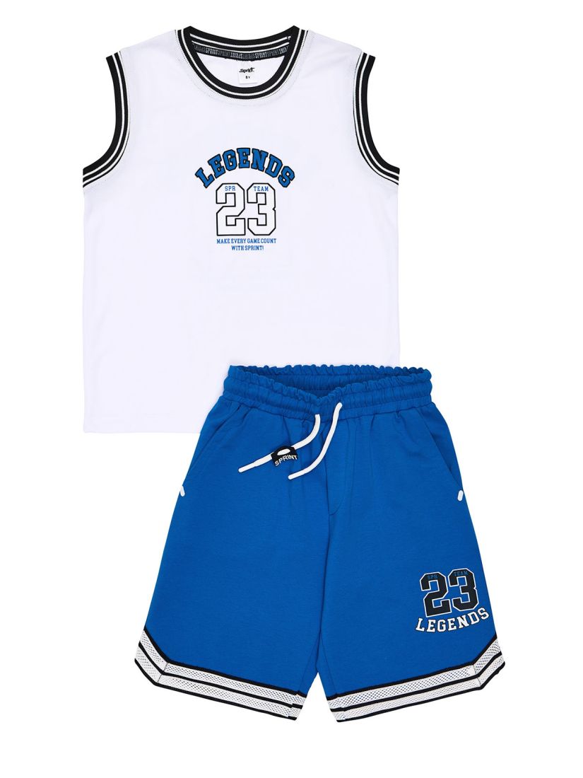 Σετ μπλούζα αμάνικη με print basketball και βερμούδα με λεπτομέρειες λευκό