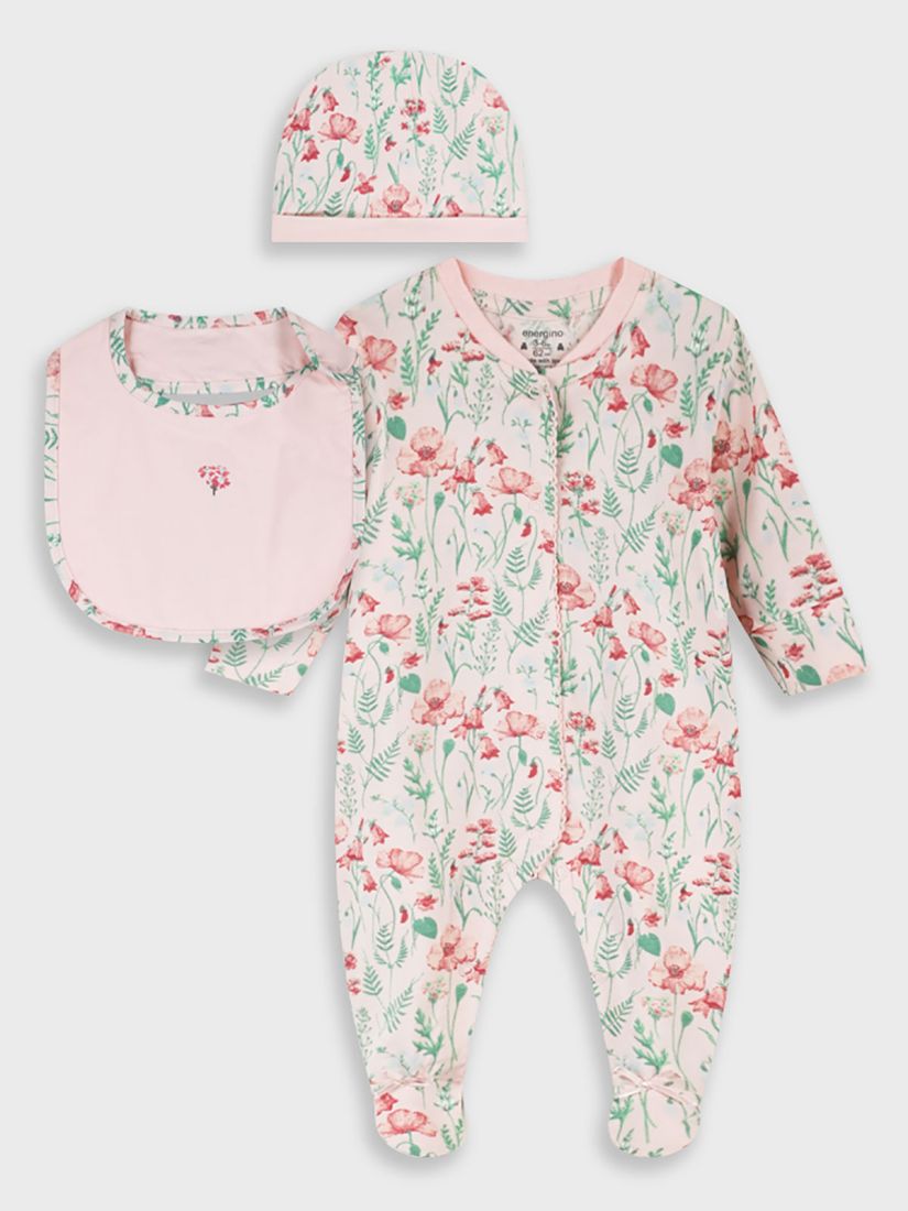 Σετ φορμάκι με σκουφάκι και σαλιάρα print vintage floral (3 τεμάχια) ροζ