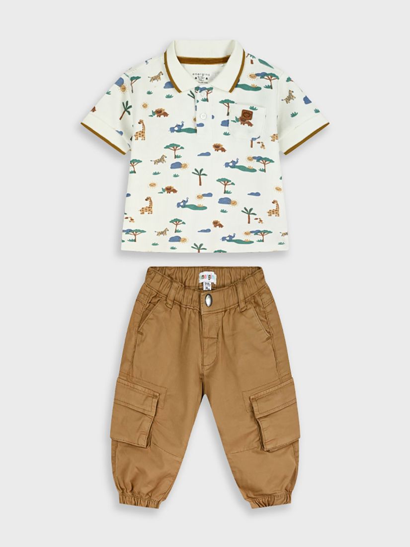 Σετ μπλούζα τύπου Polo με print dinosaurs και cargo παντελόνι καφέ