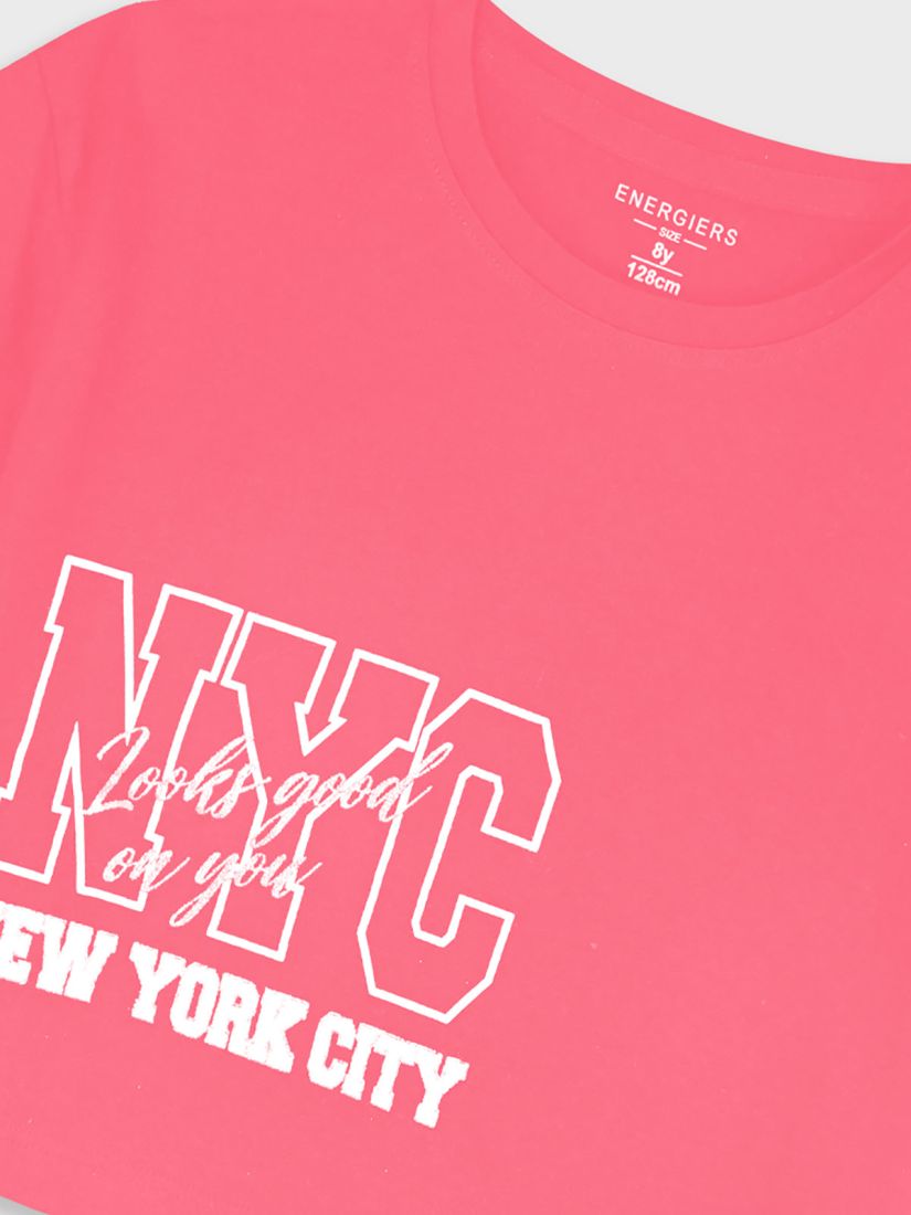 Σετ κροπ τοπ και βερμούδα με print NYC κοραλί