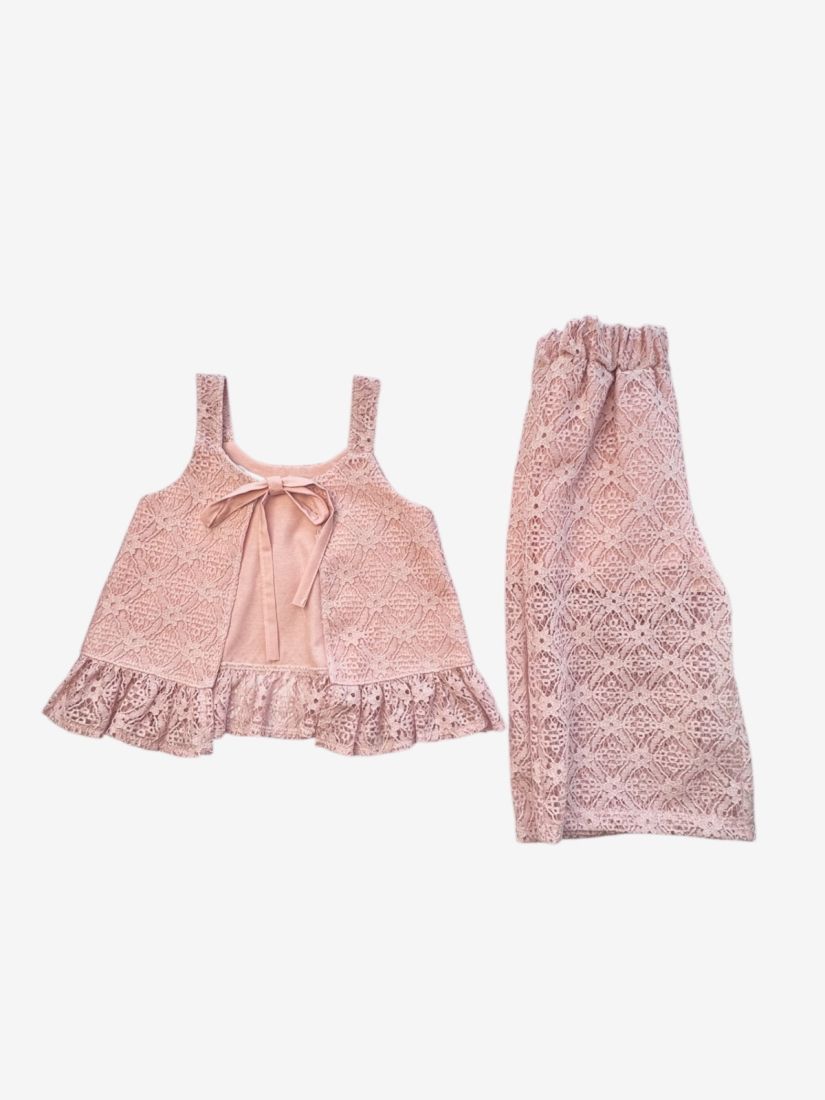 Σετ δαντελένιο τοπ με βολάν και παντελόνα ζιπ κιλότ κορίτσι μεγάλο σάπιο μήλο