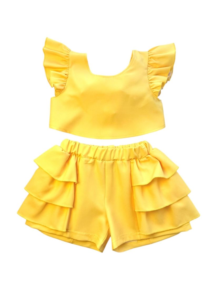 Σετ μονόχρωμο κροπ τοπ και σορτς με βολάν  κίτρινο