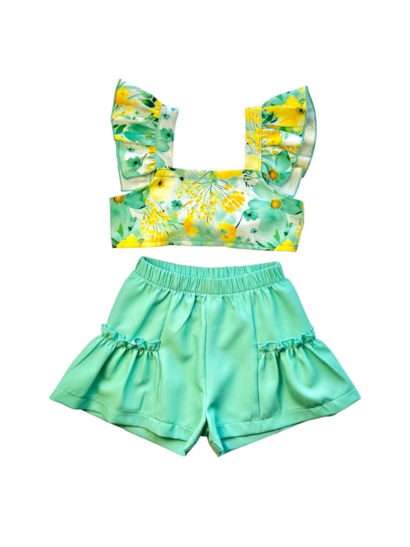 Σετ κροπ τοπ φλοράλ και μονόχρωμο σορτς με βολάν  μέντα