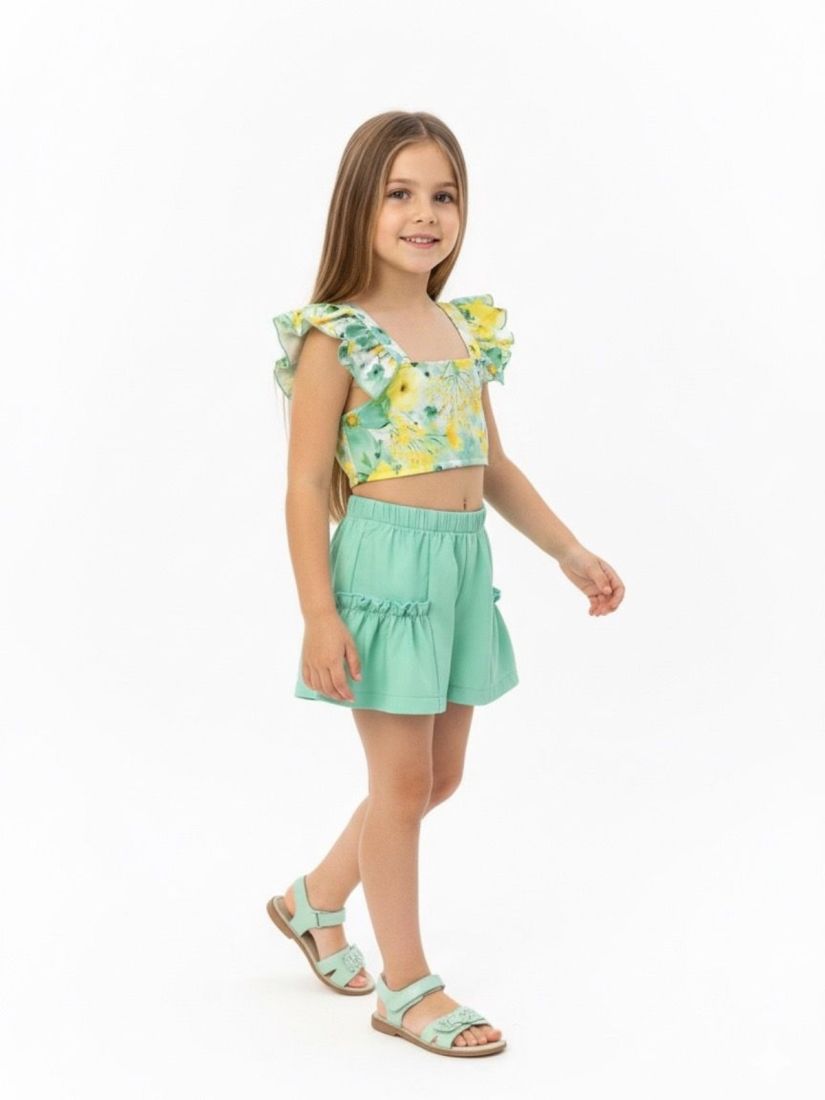 Σετ κροπ τοπ φλοράλ και μονόχρωμο σορτς με βολάν  μέντα