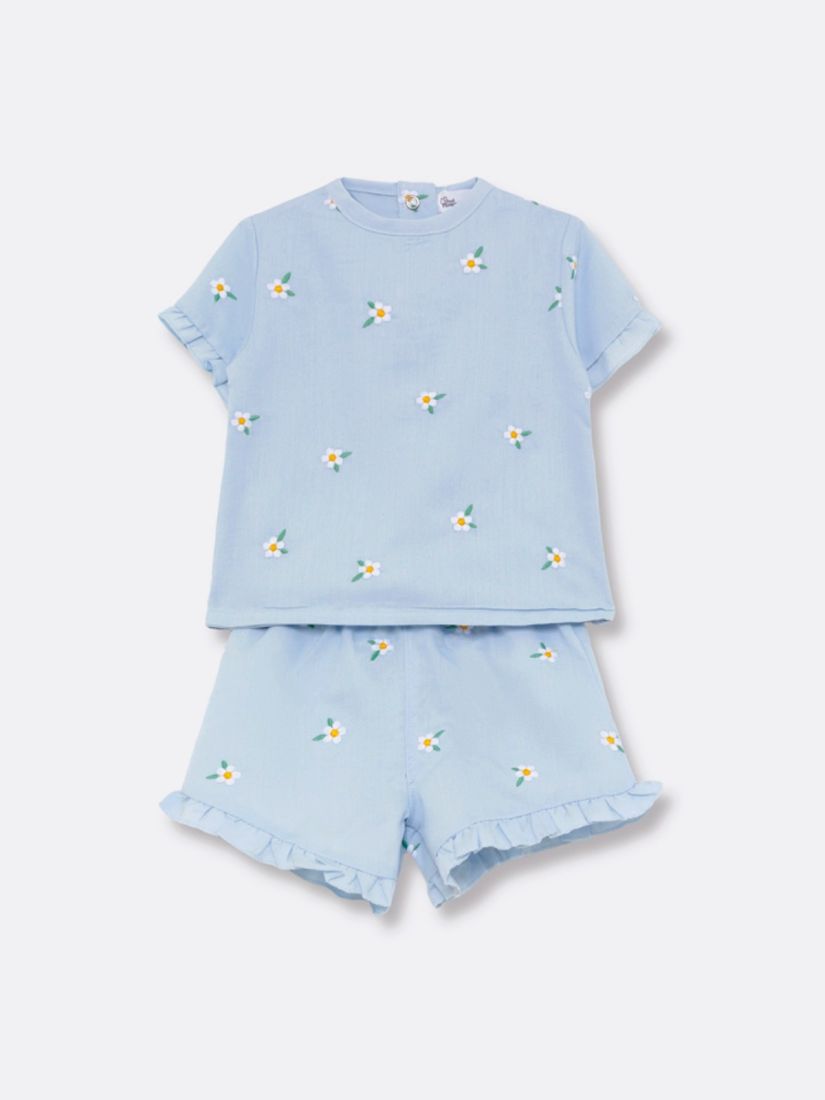 Σετ μπλούζα με σορτς με βολάν και κεντημένες μαργαρίτες γαλάζιο