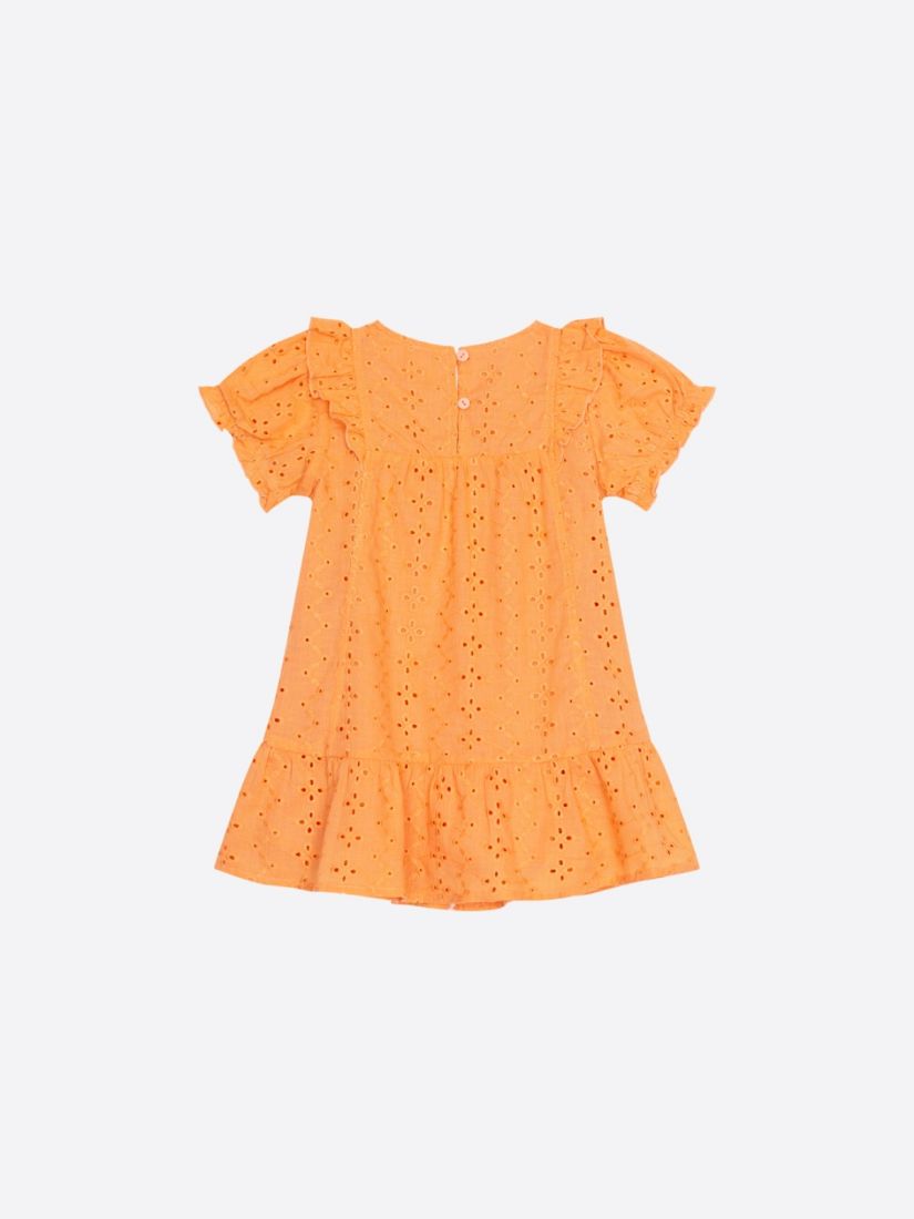 Φόρεμα βρεφικό βαμβακερό με κοφτό κέντημα και βολάν πορτοκαλί