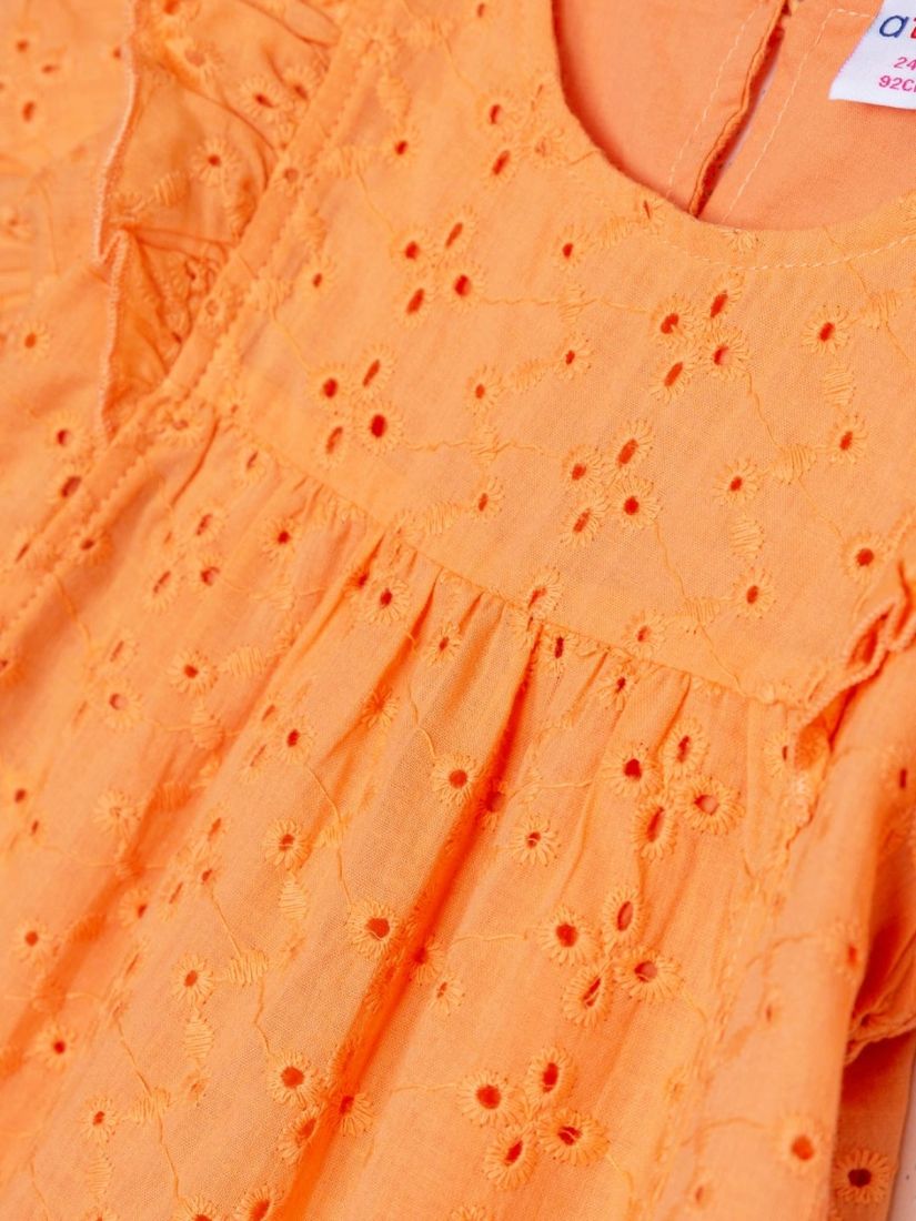 Φόρεμα βρεφικό βαμβακερό με κοφτό κέντημα και βολάν πορτοκαλί