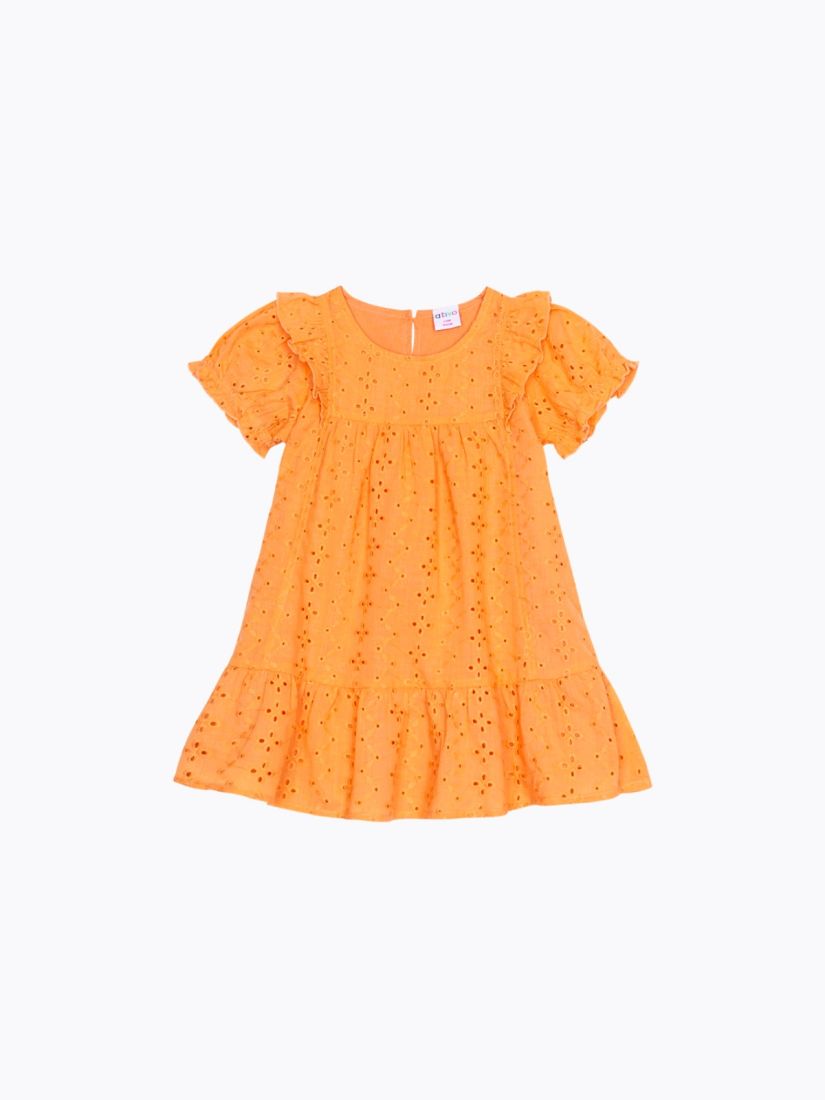 Φόρεμα βρεφικό βαμβακερό με κοφτό κέντημα και βολάν πορτοκαλί