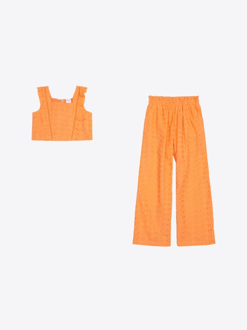 Σετ βαμβακερό με κοφτό κέντημα παντελόνα και τοπ με βολάν πορτοκαλί