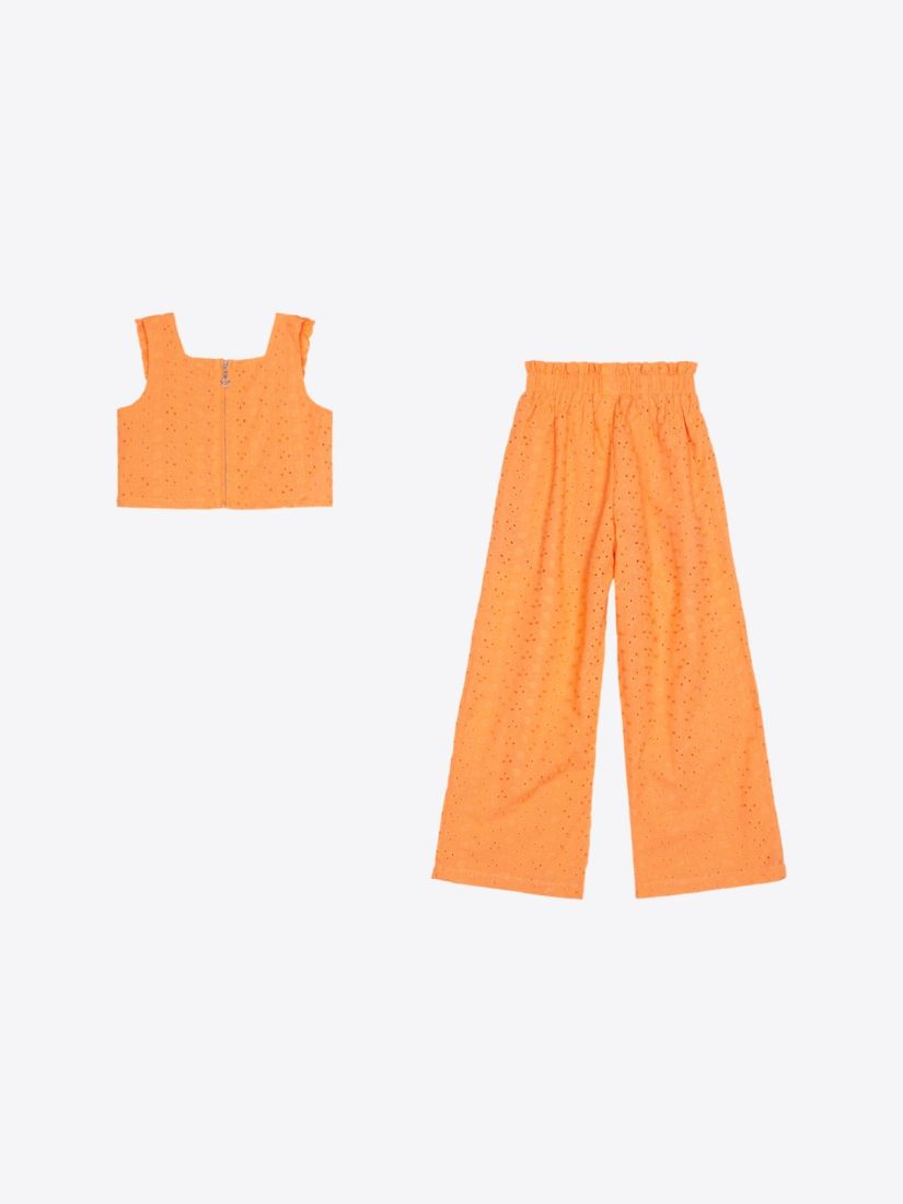 Σετ βαμβακερό με κοφτό κέντημα παντελόνα και τοπ με βολάν πορτοκαλί