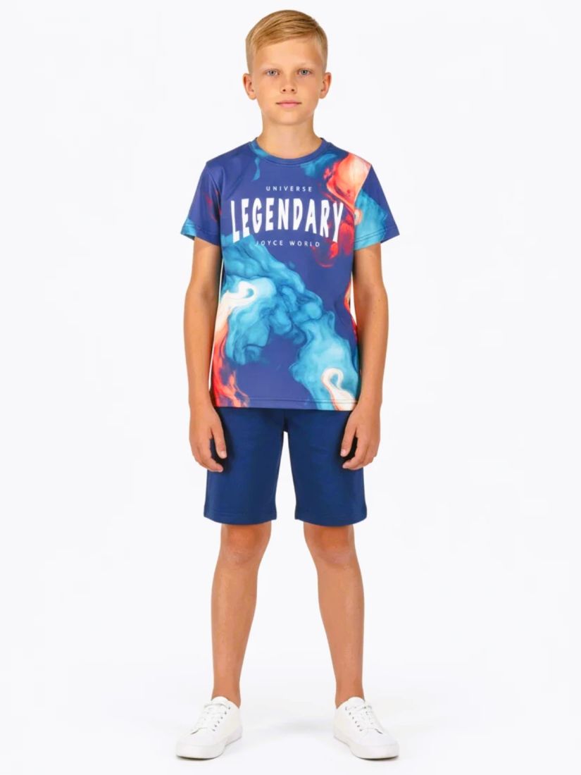 Σετ μπλούζα με print flames και μονόχρωμη βερμούδα μπλε