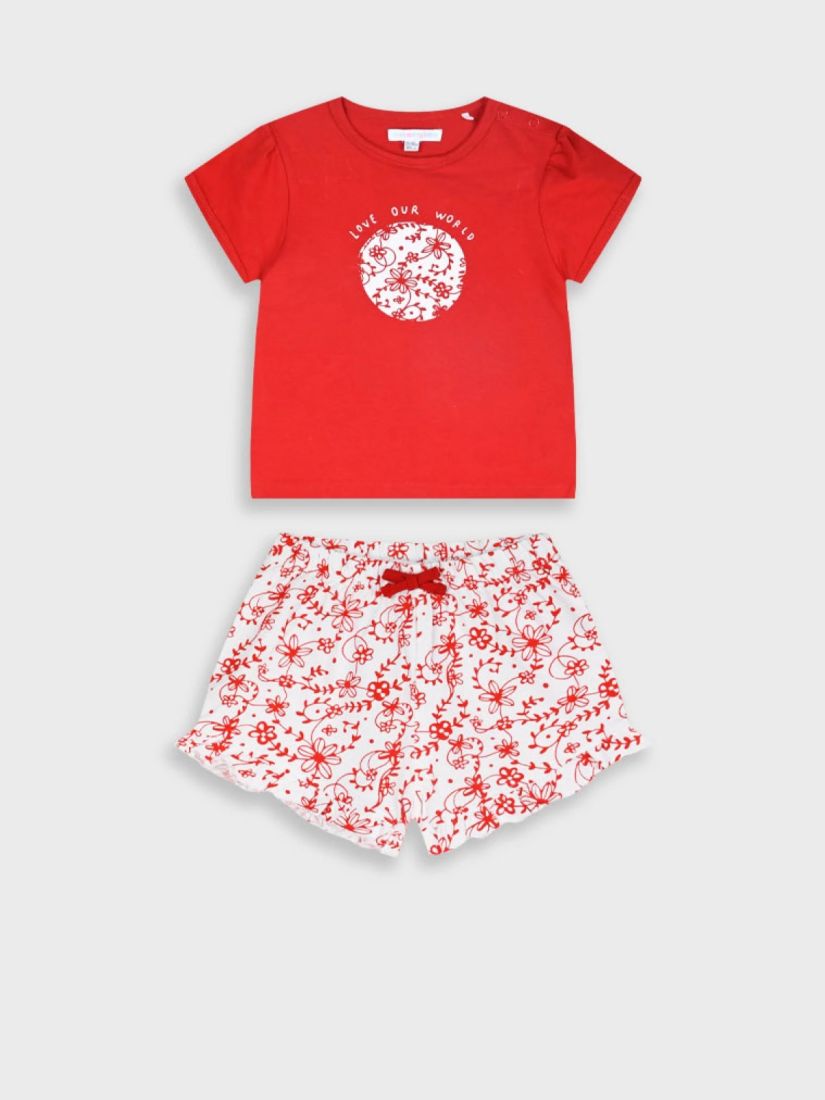 Σετ κοντομάνικη μπλούζα με φλοράλ σορτς και print 'love our world'  κόκκινο