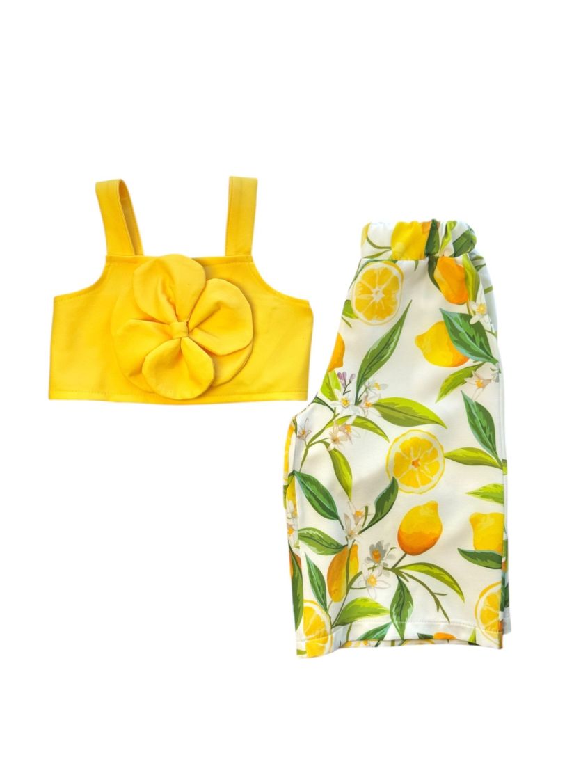 Σετ κροπ τοπ με λουλούδι και παντελόνα με print lemons κορίτσι μεγάλο κίτρινο