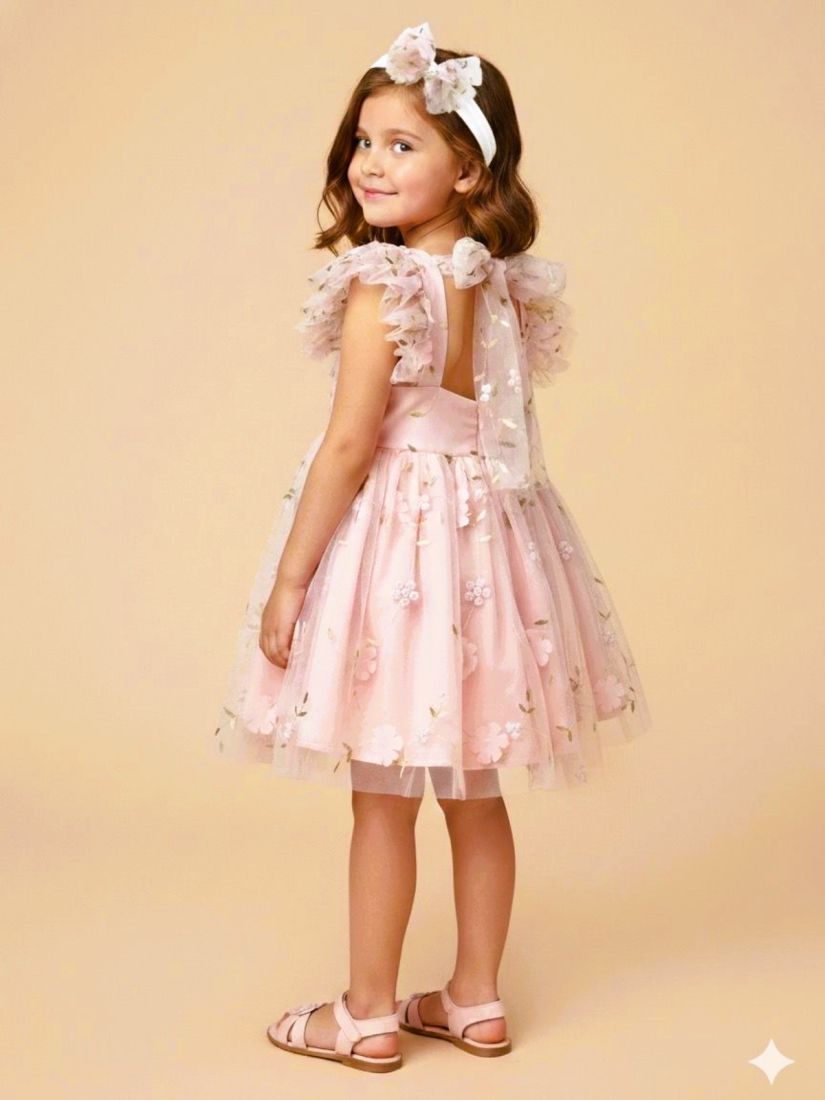 Φόρεμα με τούλι, 3D λουλούδια και δέσιμο στην πλάτη κρεμ