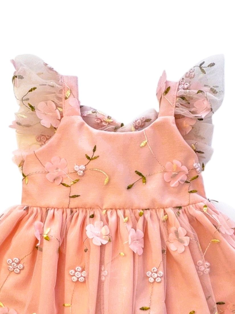 Φόρεμα με τούλι, 3D λουλούδια και δέσιμο στην πλάτη κρεμ